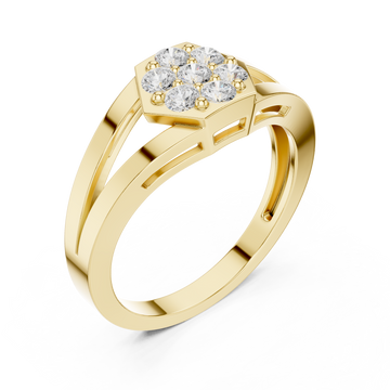 Hexagon cluster split shank ring yellow gold front view