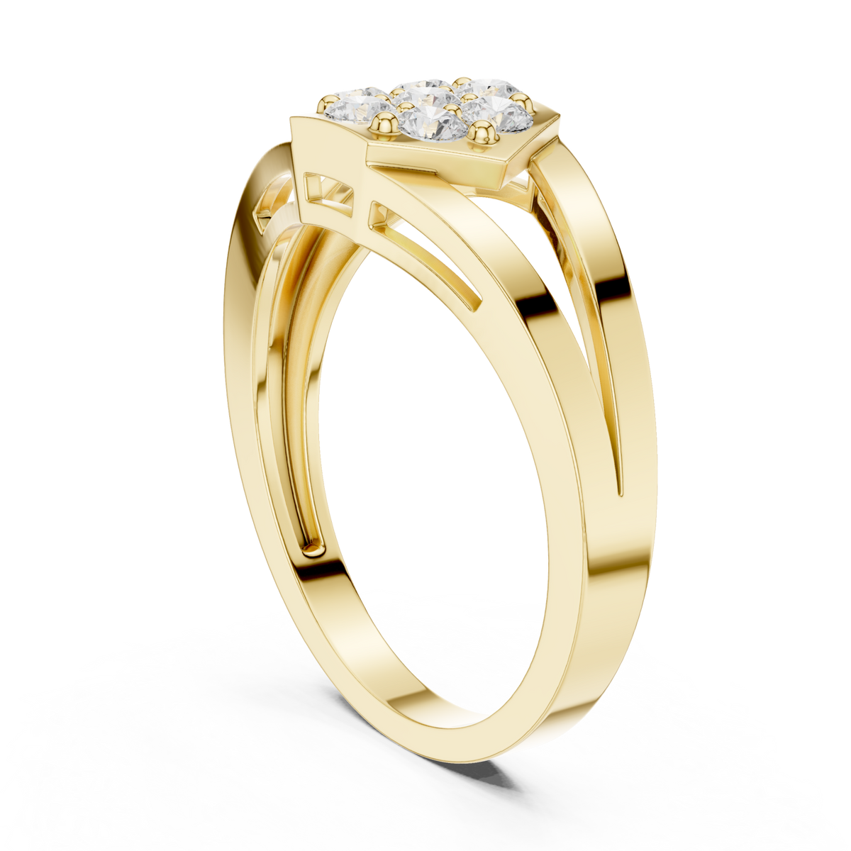 Hexagon cluster split shank ring yellow gold side view
