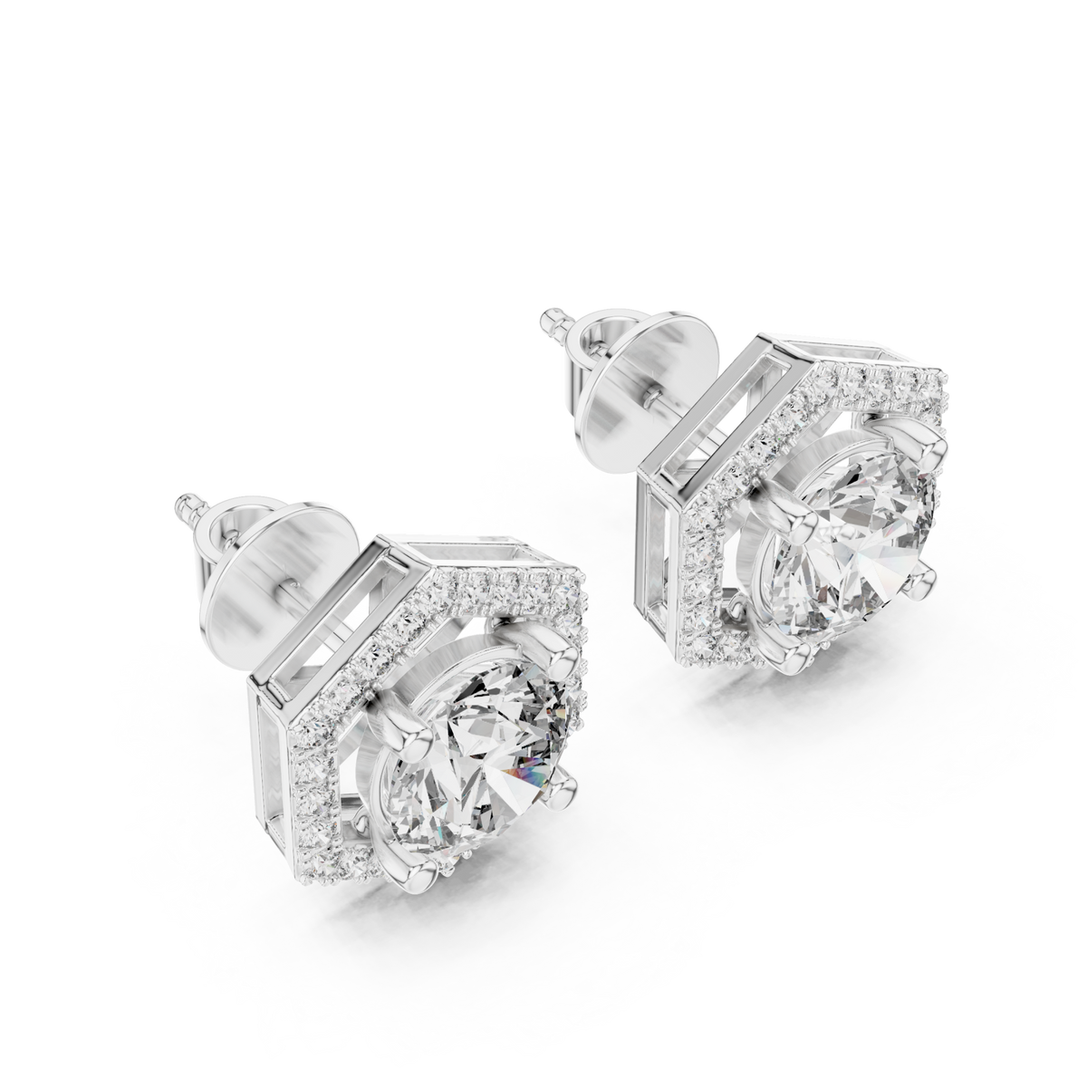  White Gold Hexagon Halo Round Studs Angle View