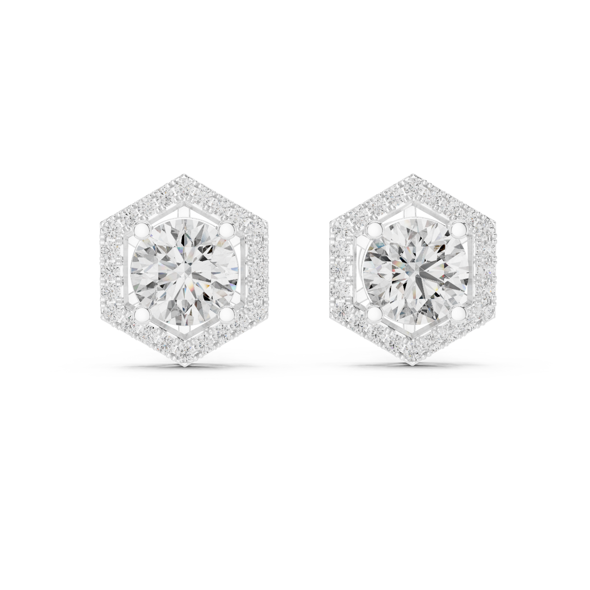  White Gold Hexagon Halo Round Studs Detail View