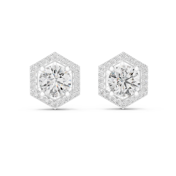  White Gold Hexagon Halo Round Studs Detail View
