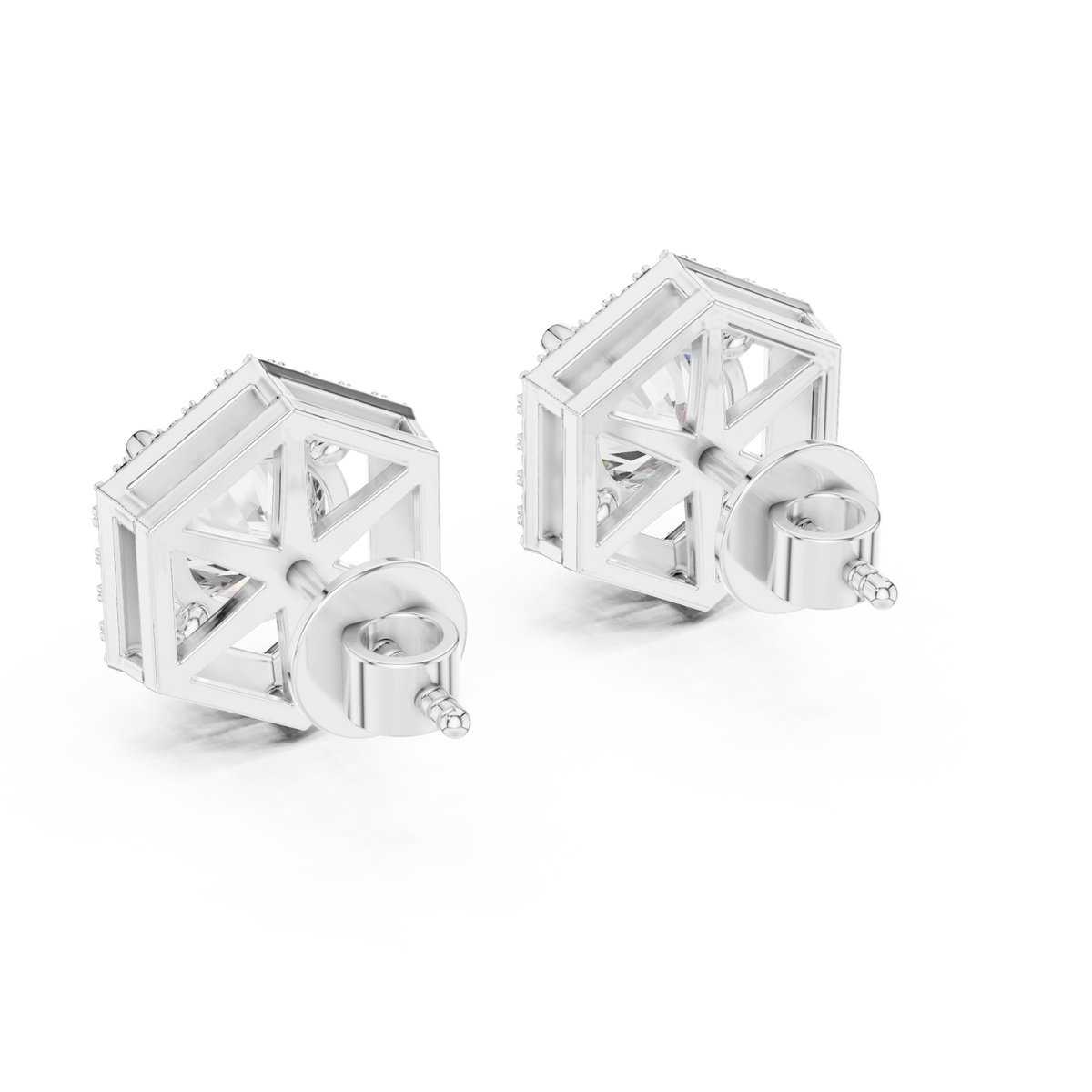  White Gold Hexagon Halo Round Studs Side View