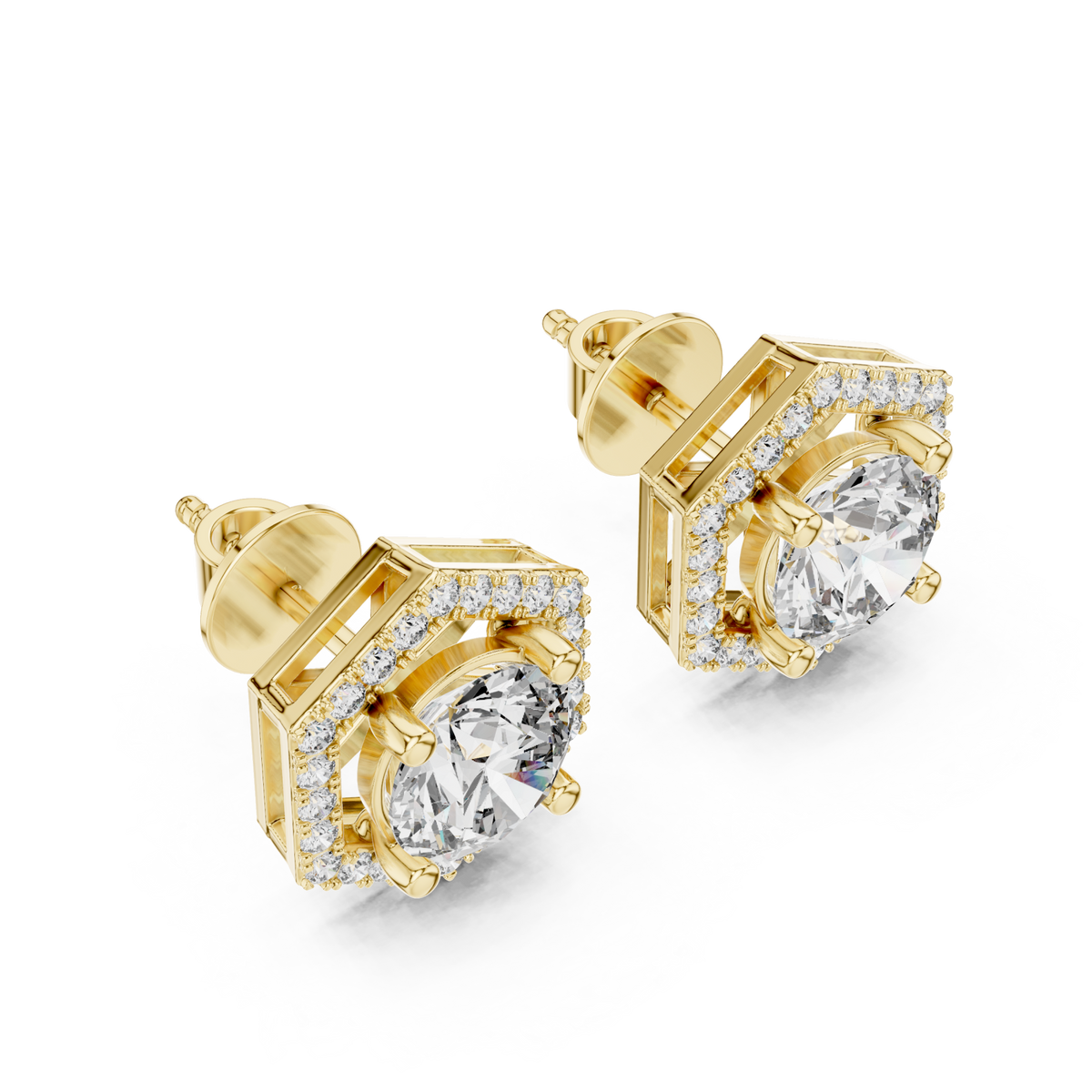  Gold Hexagon Halo Round Studs Angle View