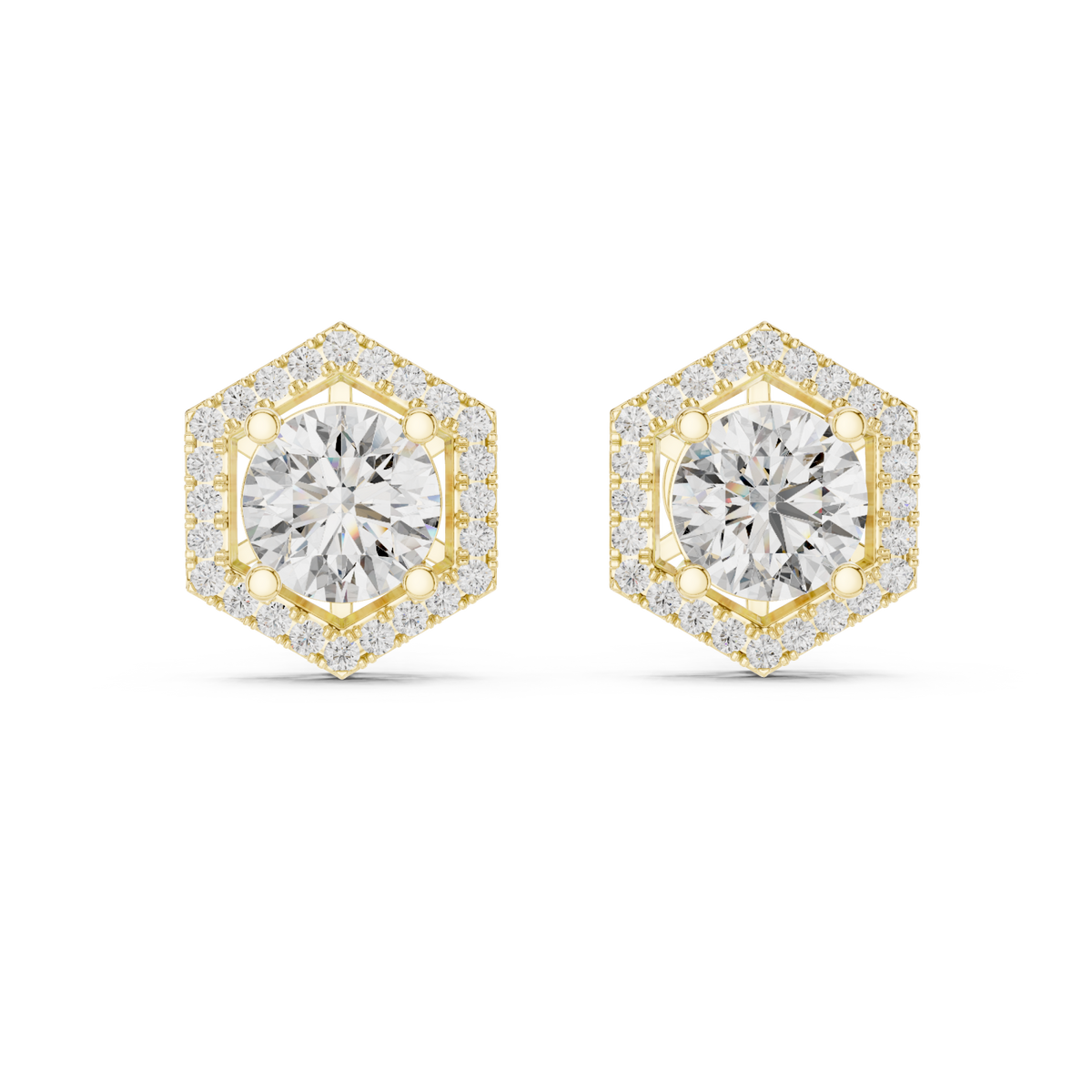 Gold Hexagon Halo Round Studs Detail View