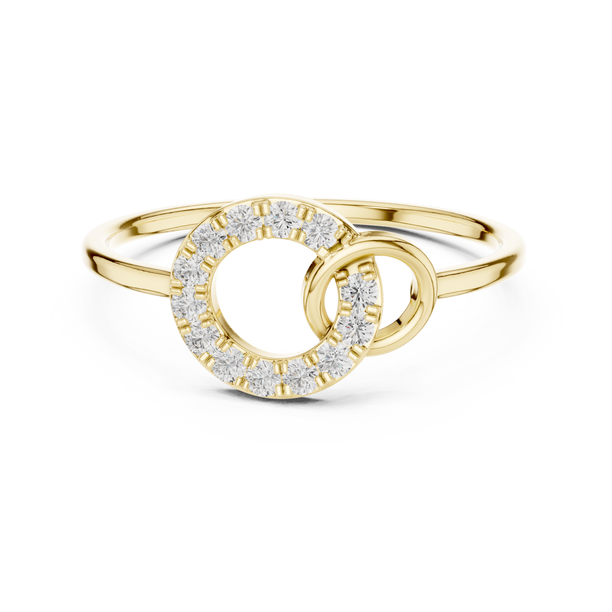 Interlocked circles pave ring yellow gold detail view