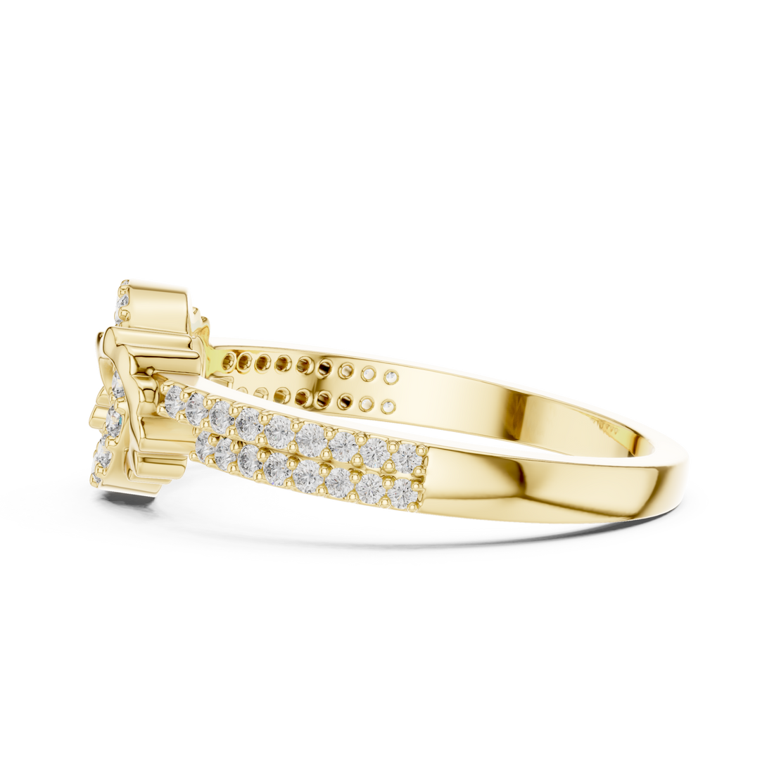 Interlocking circle twist band ring yellow gold front view