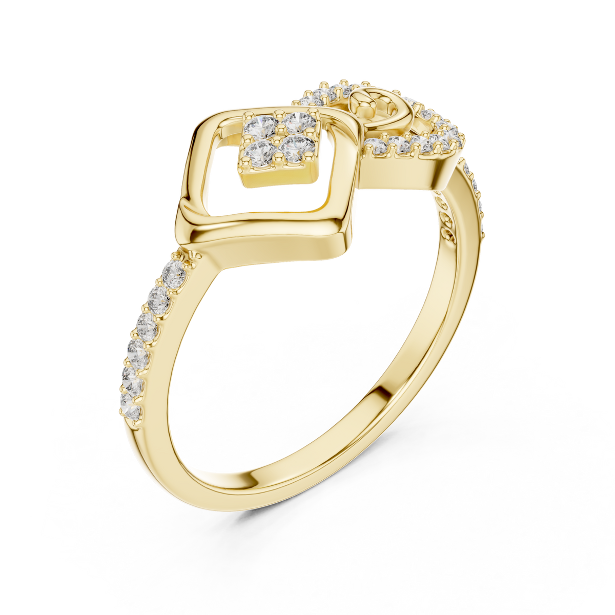 Kite scroll pave ring yellow gold front view