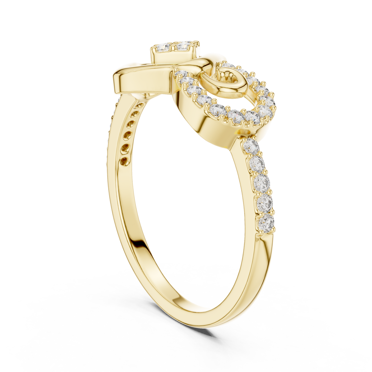Kite scroll pave ring yellow gold side view