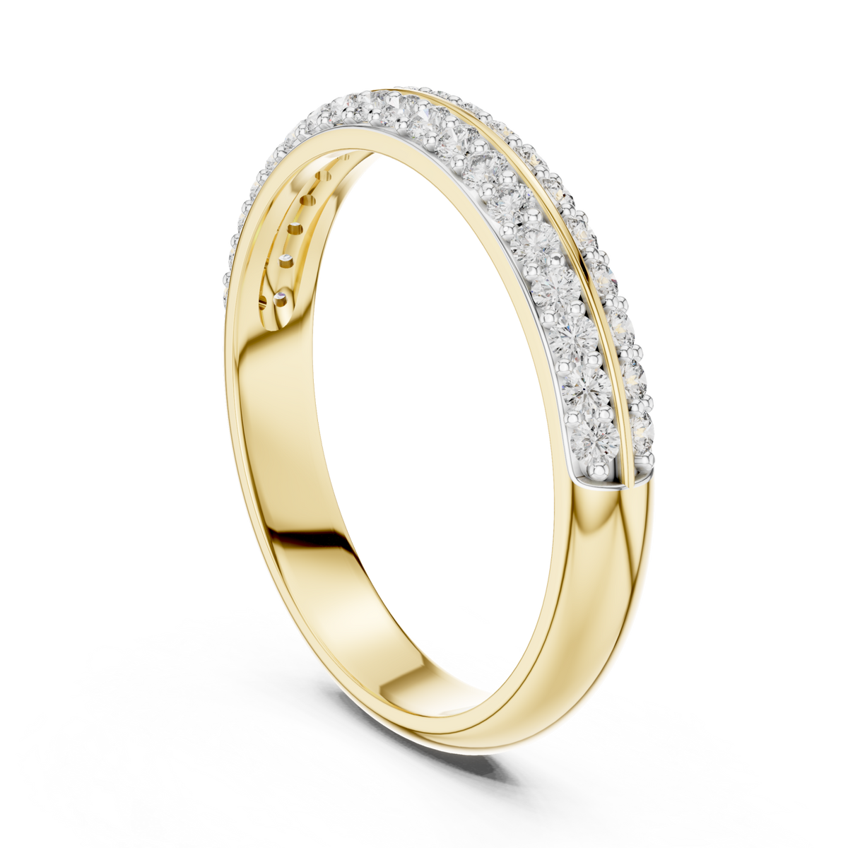 Knife-edge double-row pave half band yellow gold side view