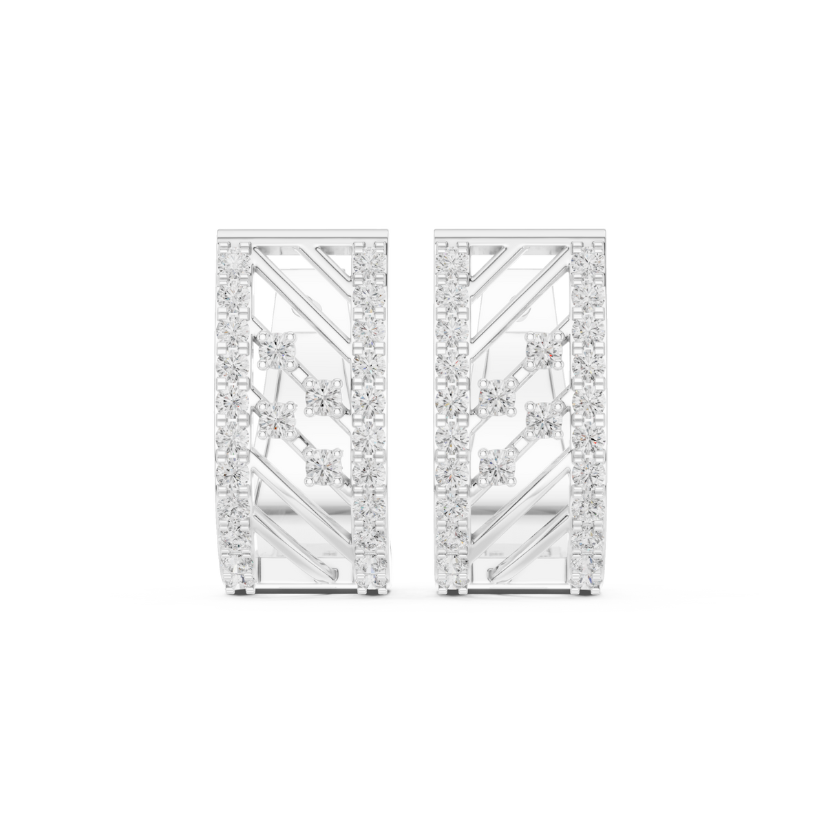  White Gold Lattice Diamond Huggie Hoops Detail View