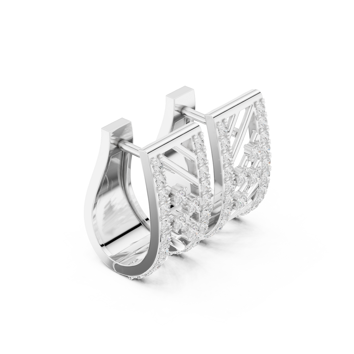  White Gold Lattice Diamond Huggie Hoops Side View