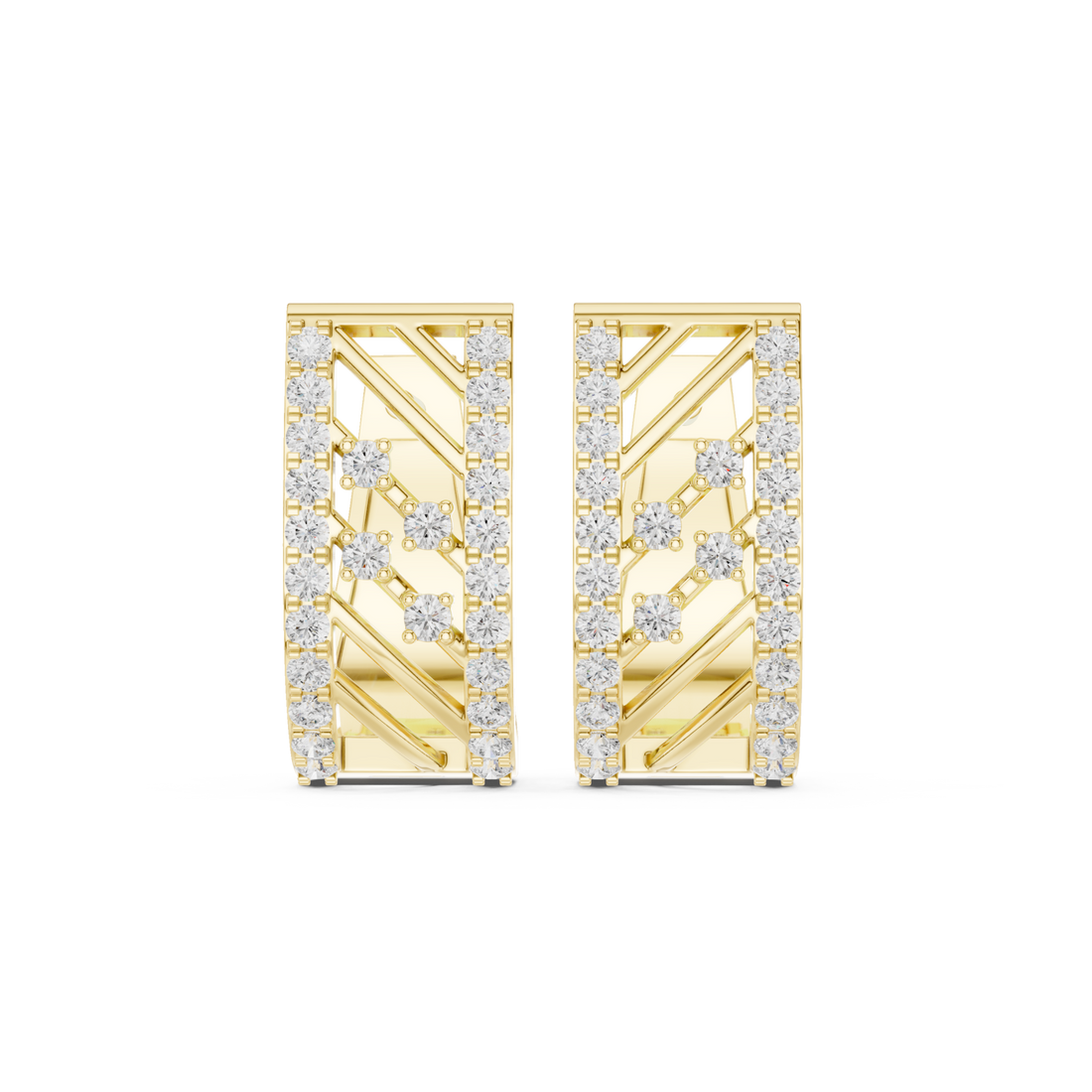 Gold Lattice Diamond Huggie Hoops Front View