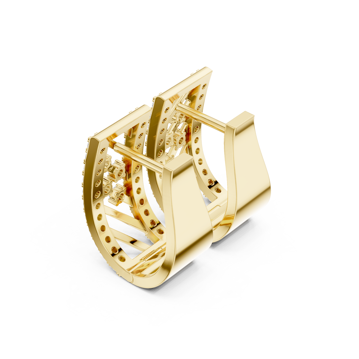 Gold Lattice Diamond Huggie Hoops Front View