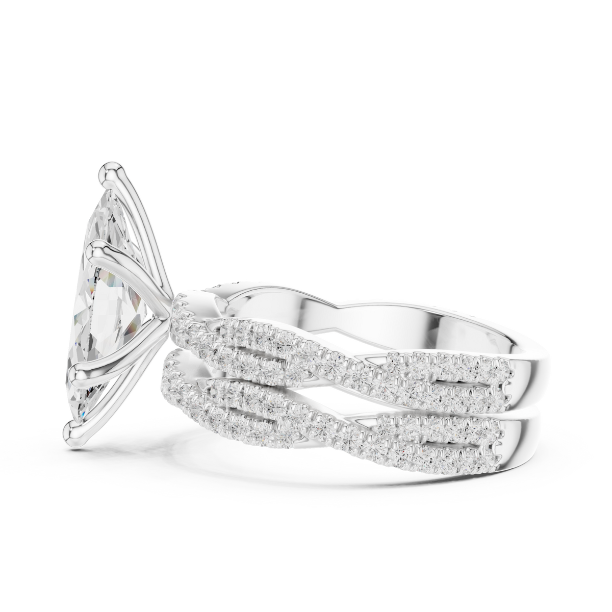 Marquise-cut twisted pave solitaire bridal set white gold angle view