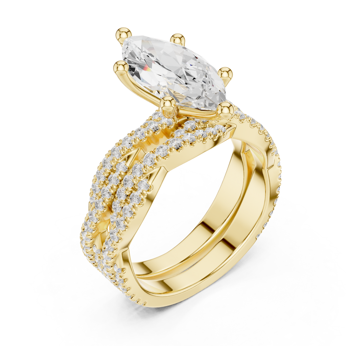Marquise-cut twisted pave solitaire bridal set yellow gold front view