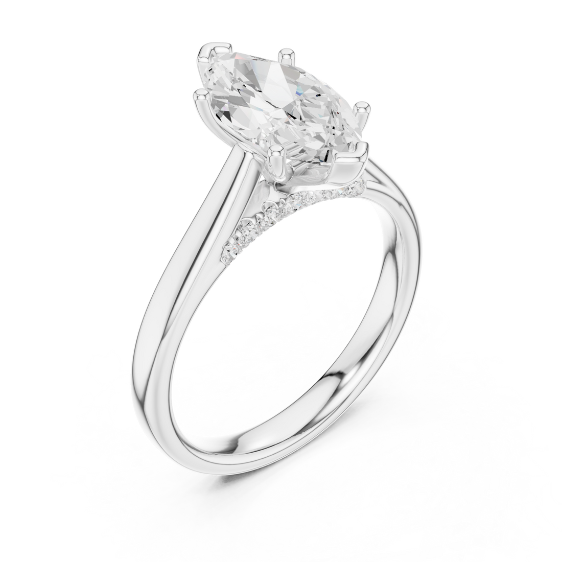 Marquise accent shoulder cathedral solitaire engagement ring white gold front view
