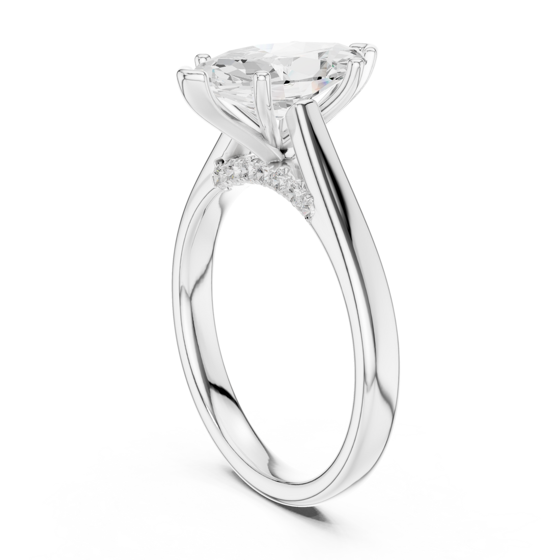 Marquise accent shoulder cathedral solitaire engagement ring white gold front view