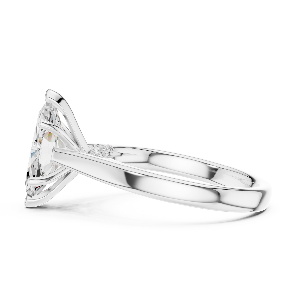 Marquise accent shoulder cathedral solitaire engagement ring white gold side view