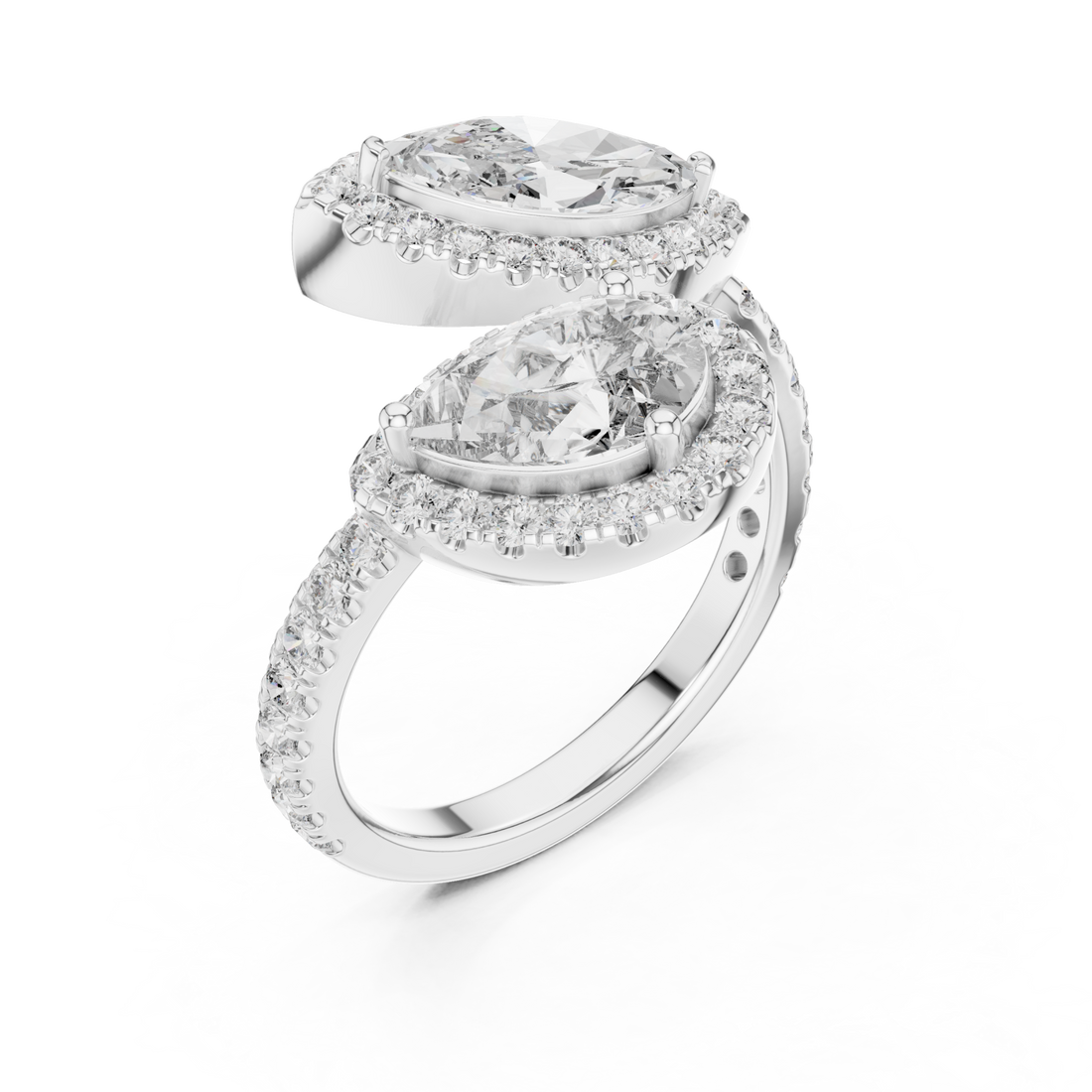 Marquise and pear halo bypass ring white gold front view
