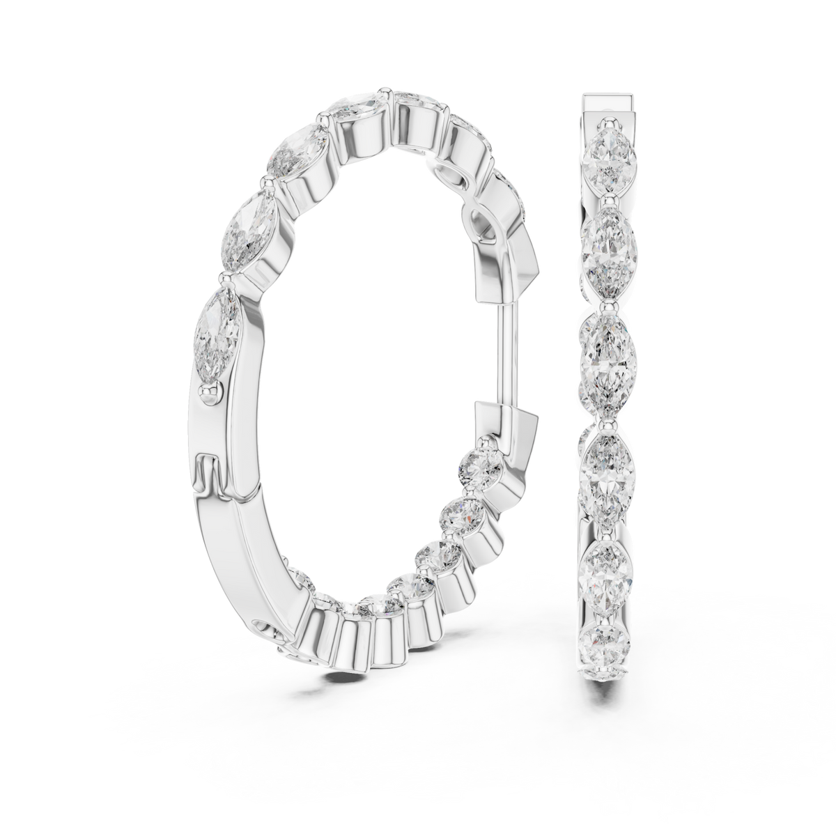  White Gold Marquise and Round Alternating Hoops Side View