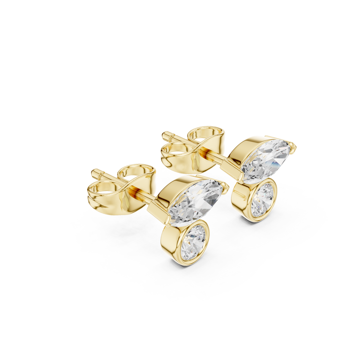 Gold Marquise and Round Diamond Duo Studs Front View