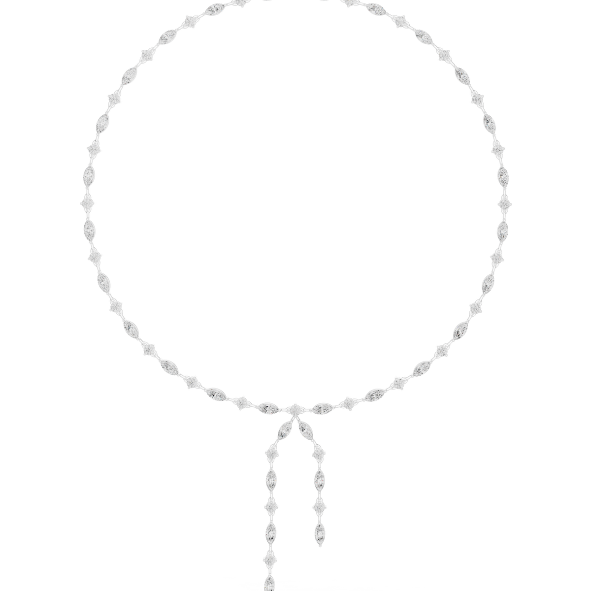 Marquise and round diamond tassel necklace white gold detail view
