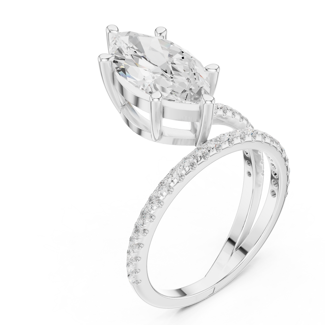Marquise asymmetric crossover pave ring white gold front view