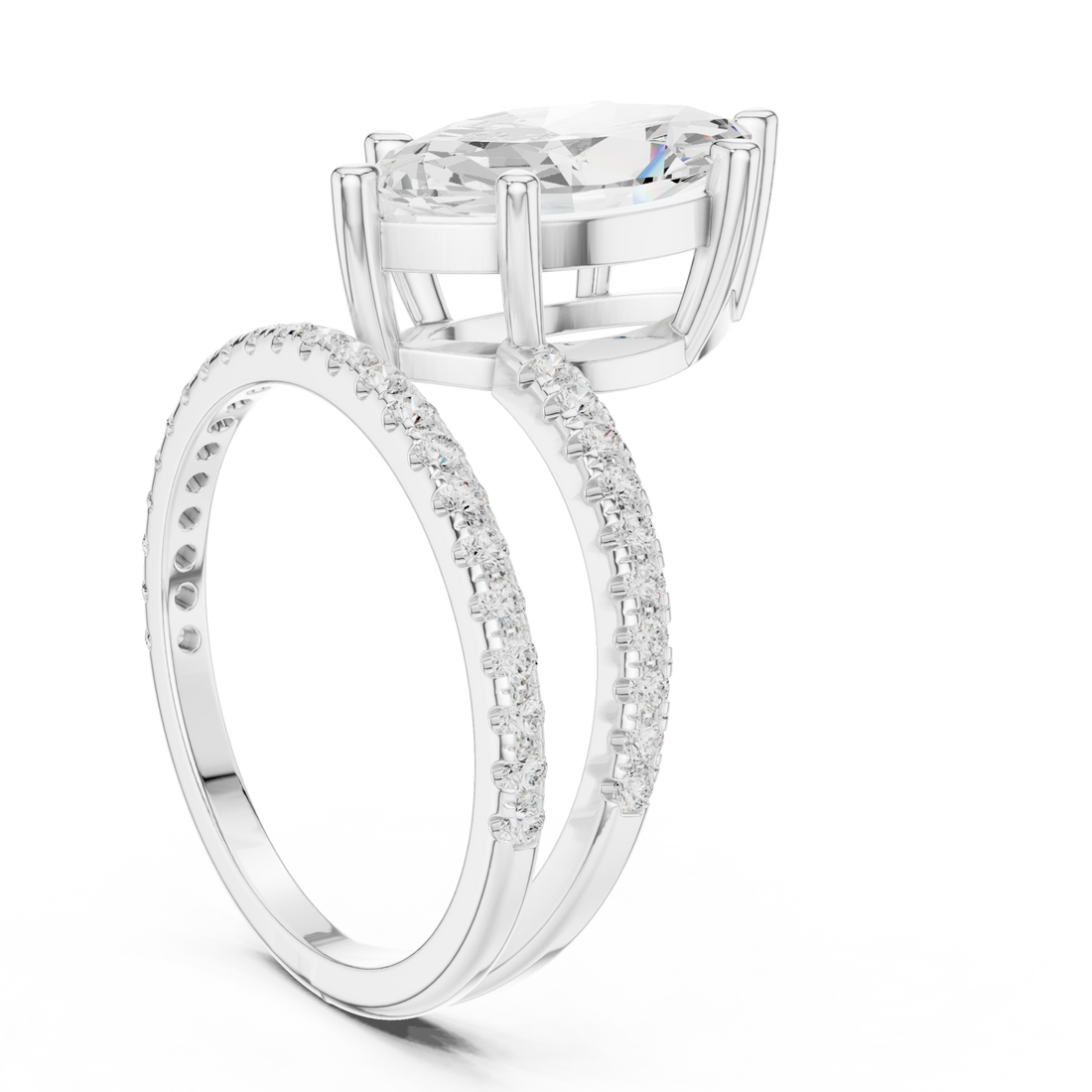 Marquise asymmetric crossover pave ring white gold front view