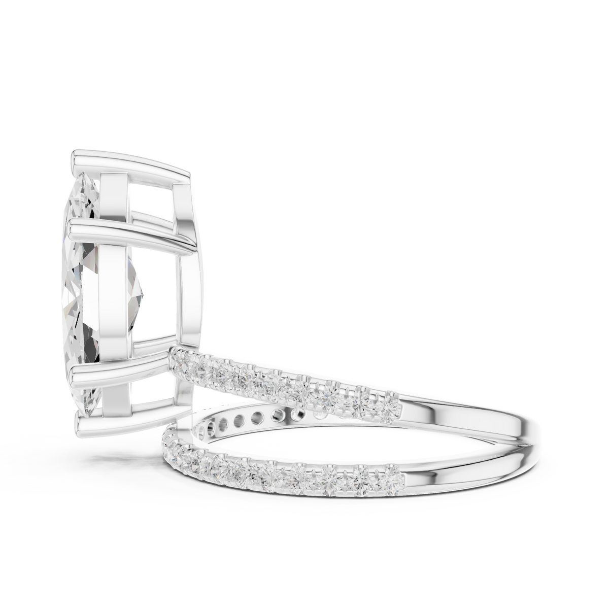 Marquise asymmetric crossover pave ring white gold side view