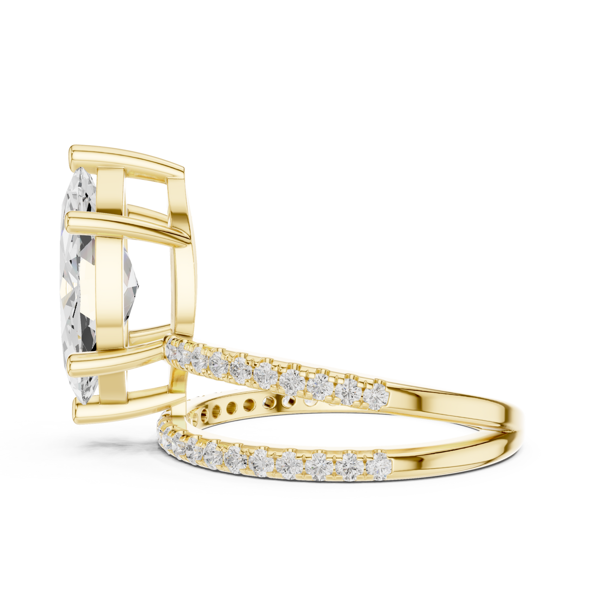 Marquise asymmetric crossover pave ring yellow gold side view
