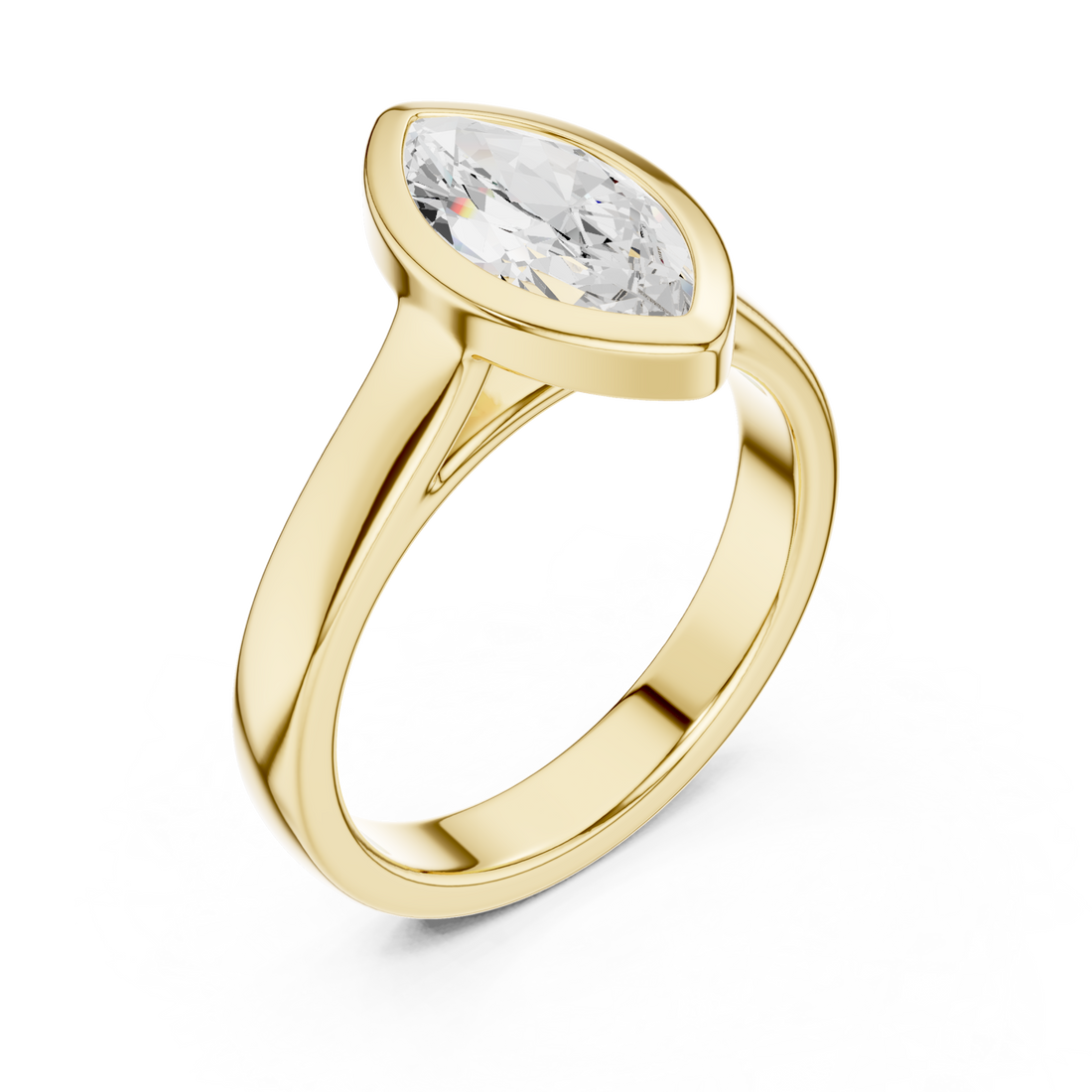 Marquise bezel solitaire engagement ring yellow gold front view