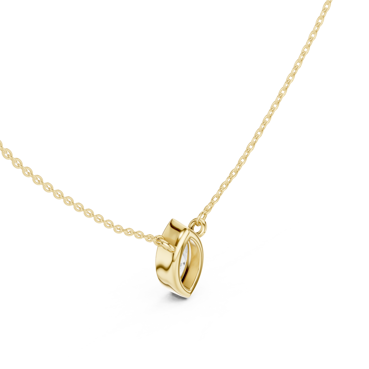 Marquise bezel solitaire pendant yellow gold angle view
