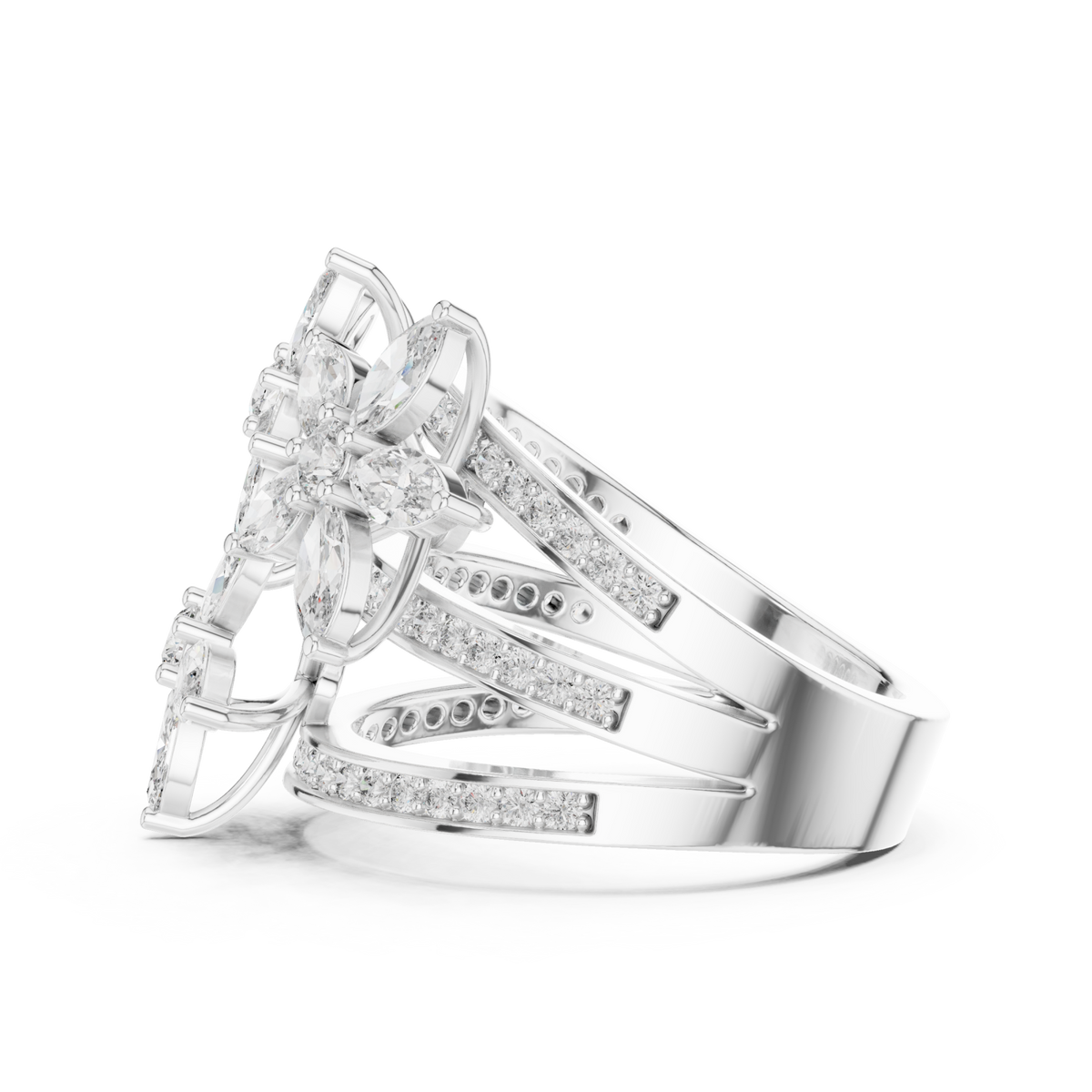 Marquise blossom triple band ring white gold angle view