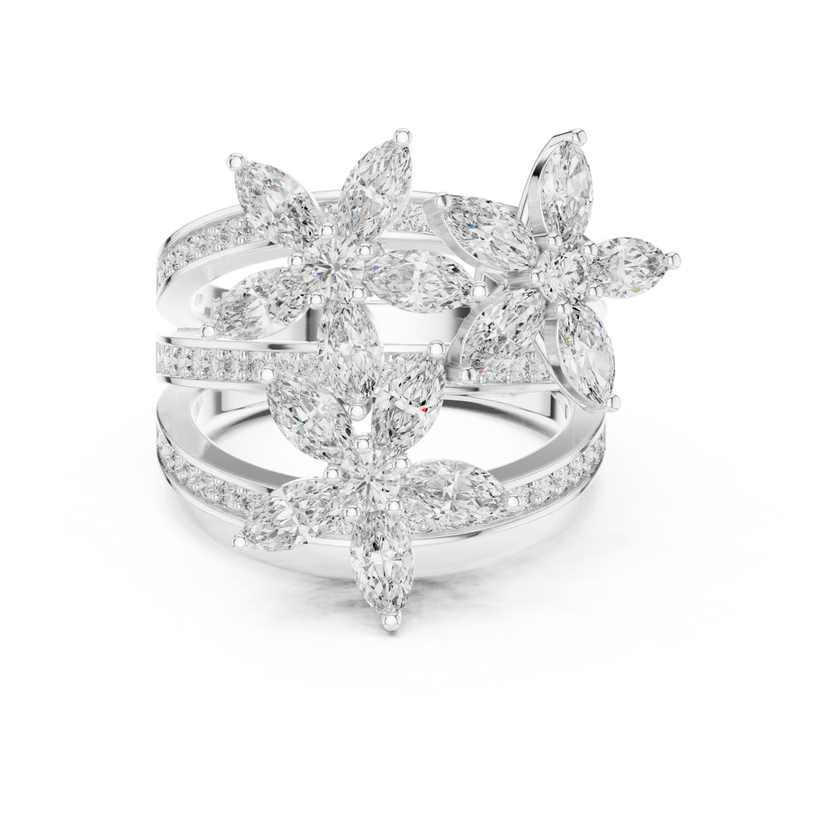 Marquise blossom triple band ring white gold detail view