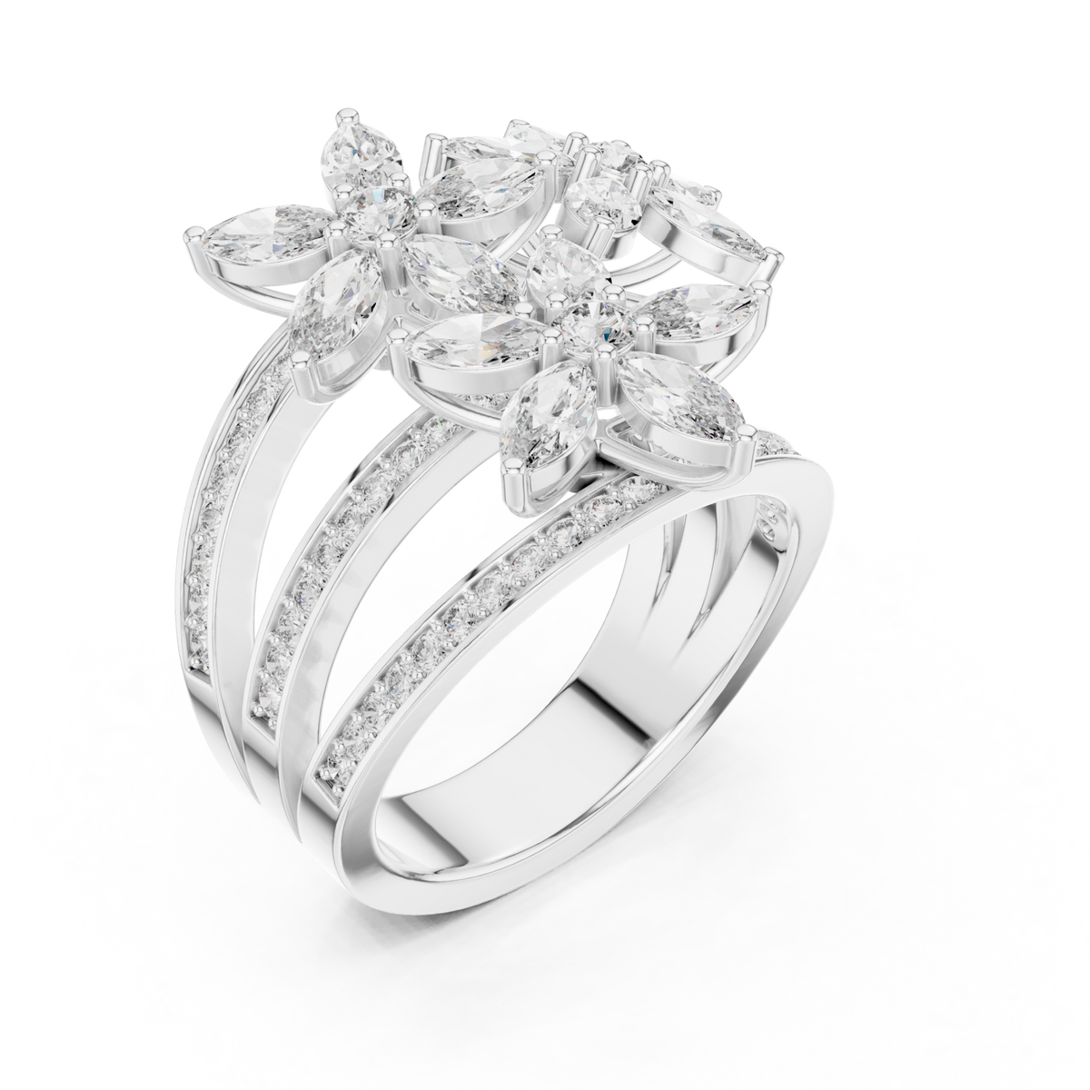Marquise blossom triple band ring white gold front view