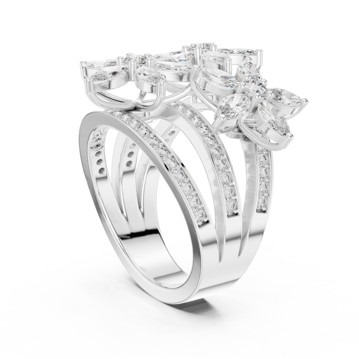 Marquise blossom triple band ring white gold side view