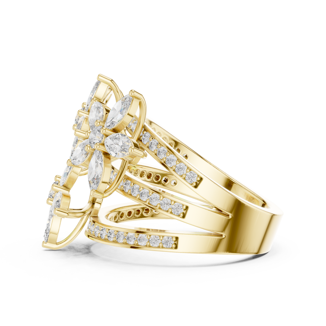 Marquise blossom triple band ring yellow gold front view