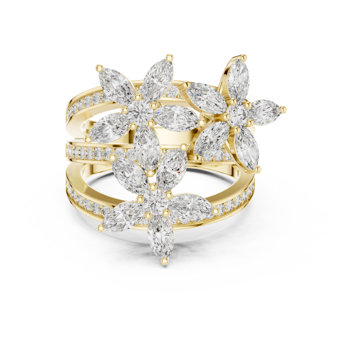 Marquise blossom triple band ring yellow gold detail view