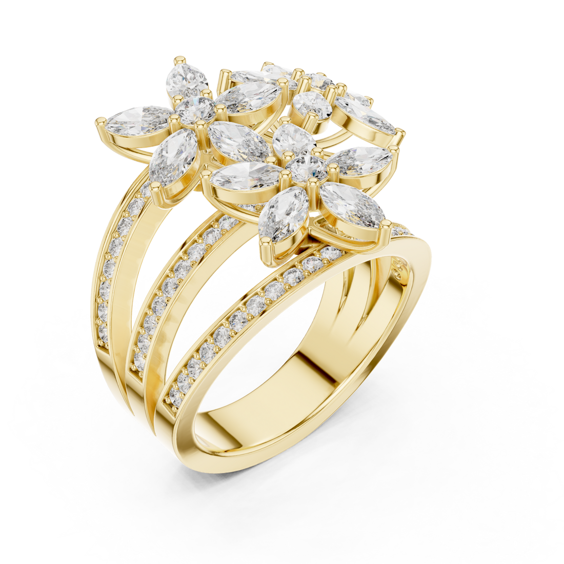 Marquise blossom triple band ring yellow gold front view