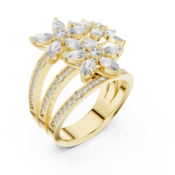 Marquise blossom triple band ring yellow gold front view