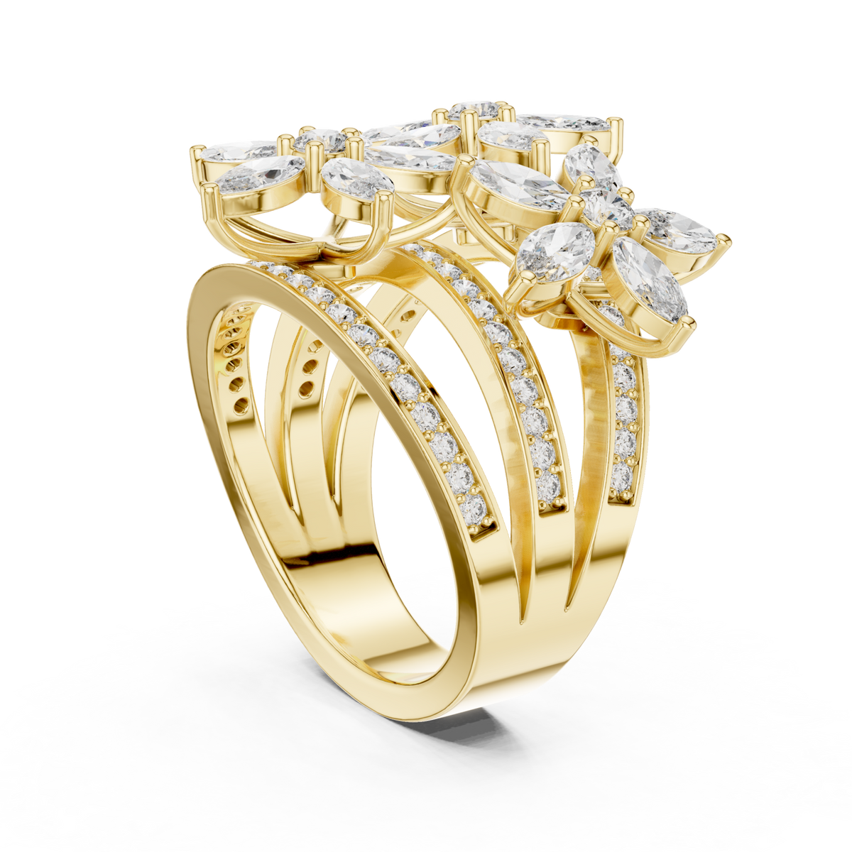 Marquise blossom triple band ring yellow gold side view
