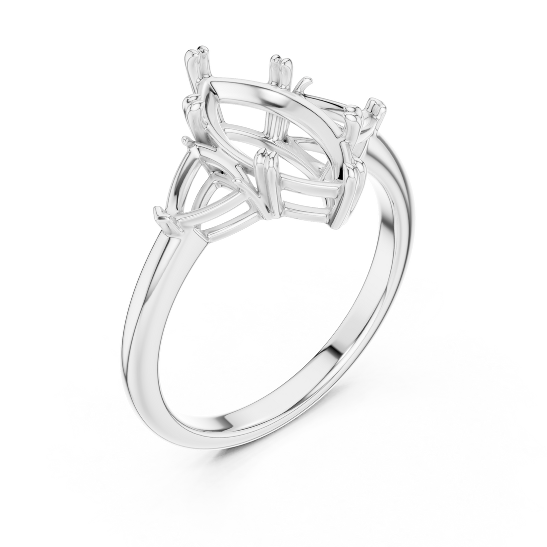 Marquise bold trillion three stone engagement ring white gold front view