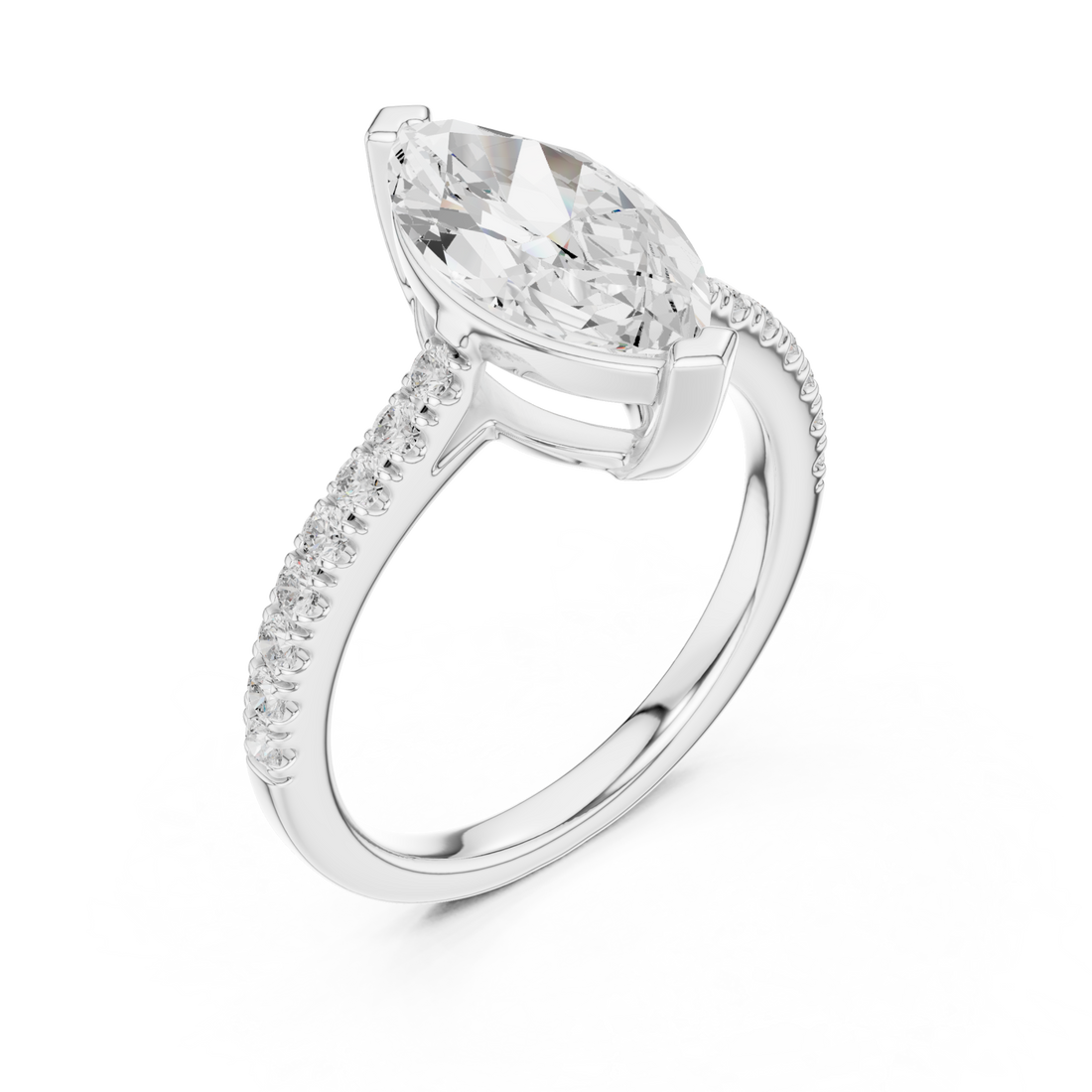 Marquise cathedral pave engagement ring white gold front view