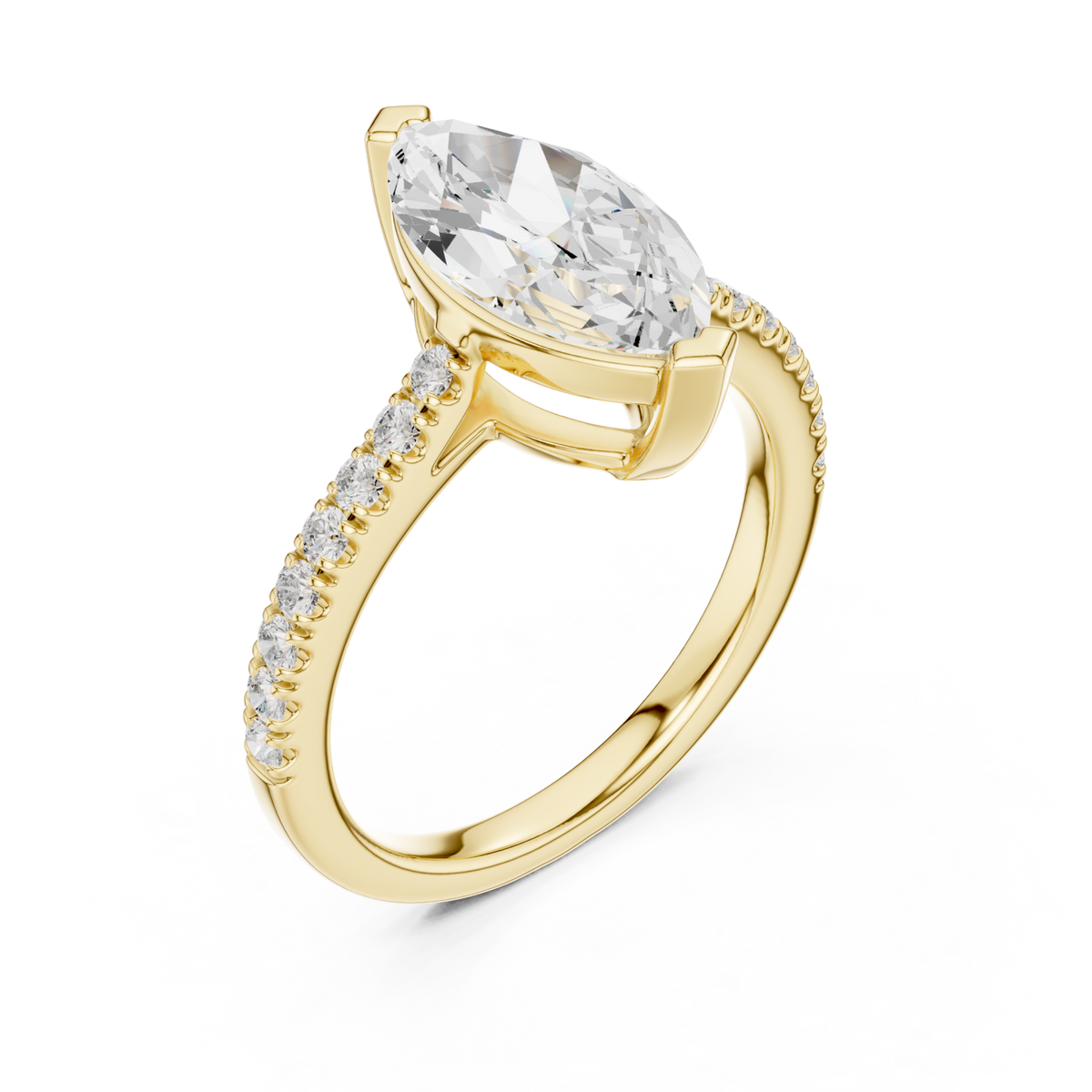 Marquise cathedral pave engagement ring yellow gold angle view
