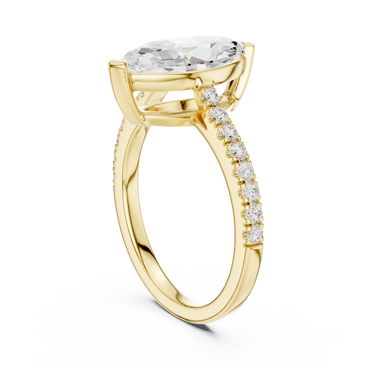 Marquise cathedral pave engagement ring yellow gold front view