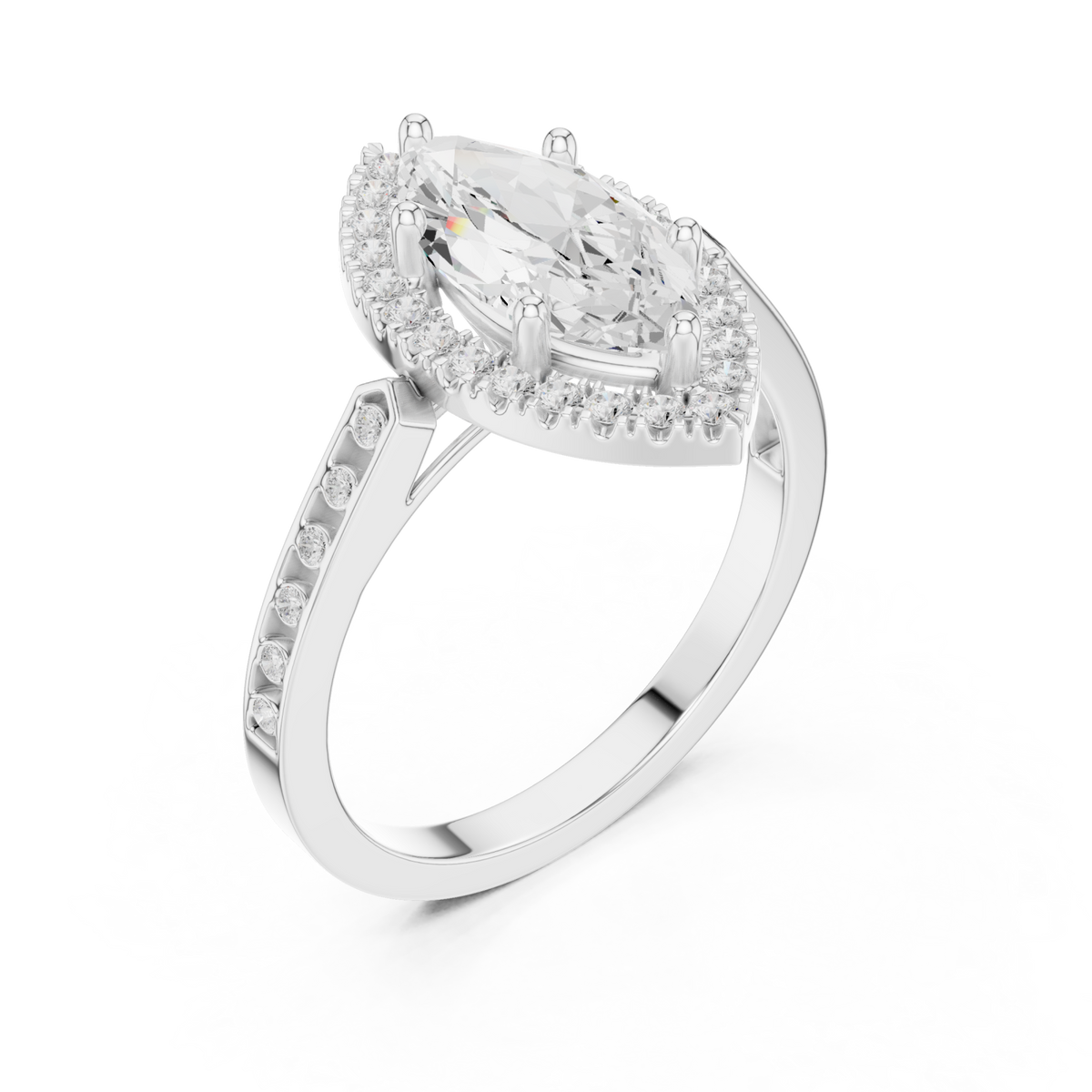 Marquise channel band halo engagement ring white gold angle view