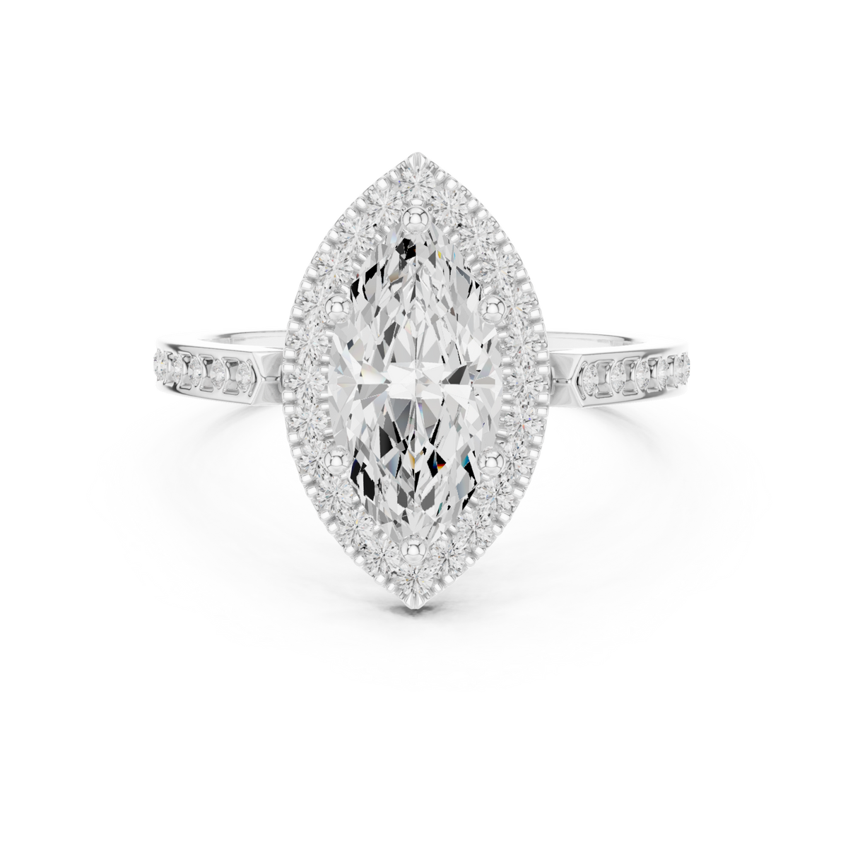 Marquise channel band halo engagement ring white gold detail view