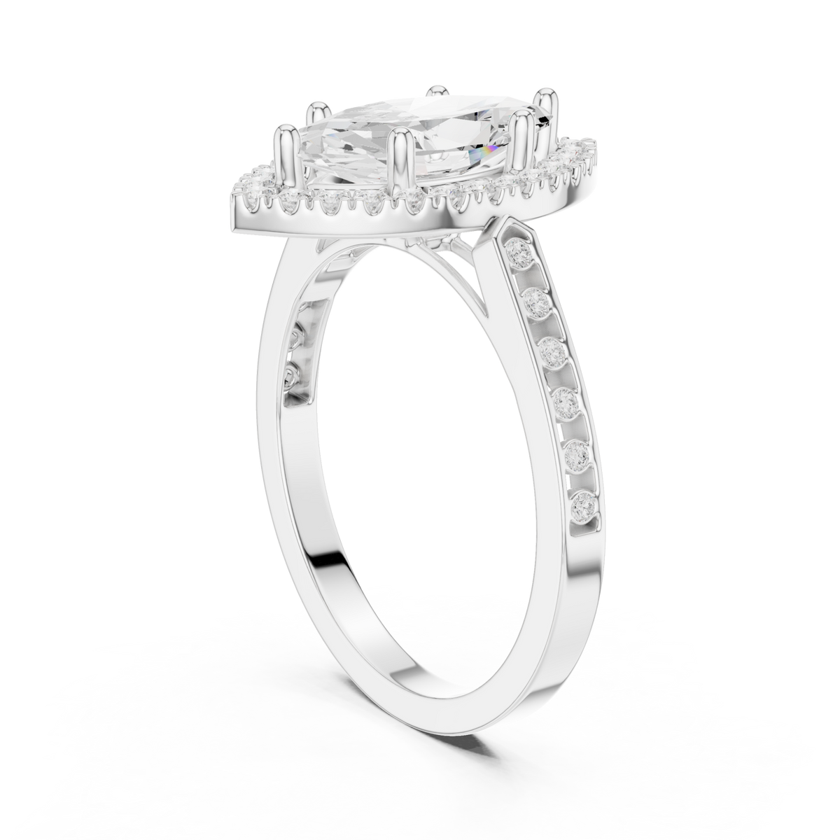 Marquise channel band halo engagement ring white gold front view