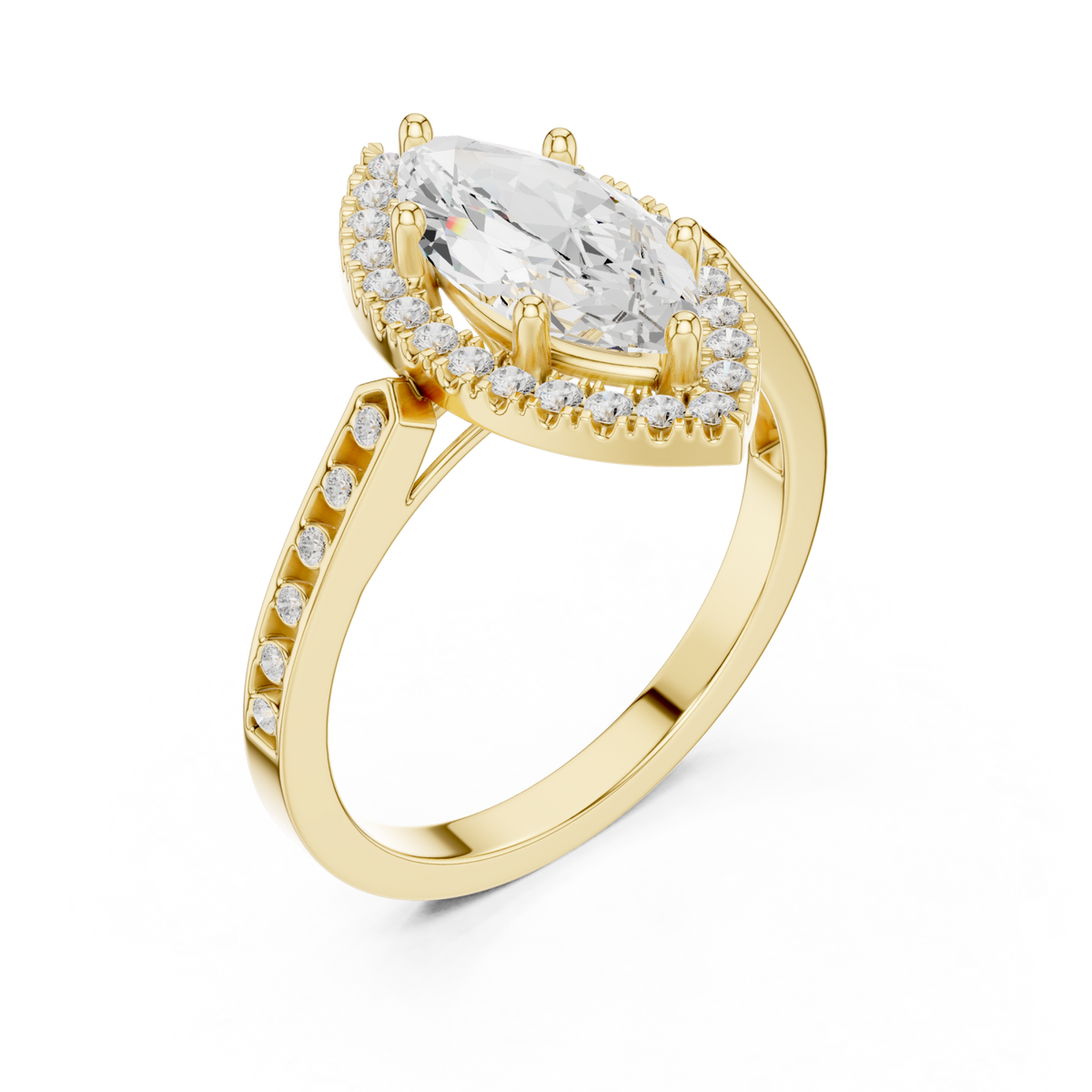 Marquise channel band halo engagement ring yellow gold angle view