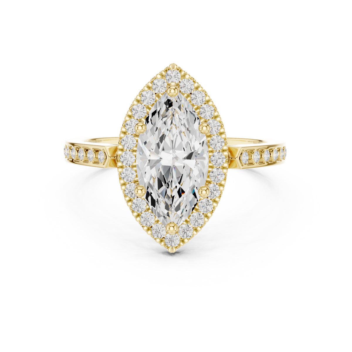 Marquise channel band halo engagement ring yellow gold detail view